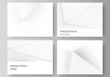 Sunum sunumunun vektör düzeni tasarım şablonları, sunum broşürü için çok amaçlı şablon, broşür kapağı. Gri noktalı yarım tonlu arkaplan, soyut gradyan arkaplan