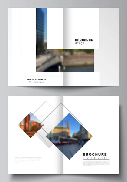 Vector lay-out van twee A4-formaat omslag mockups ontwerp sjablonen met geometrische eenvoudige vormen, lijnen en foto plaats voor bifold brochure, flyer, tijdschrift, omslag ontwerp, boek, brochure cover. — Stockvector