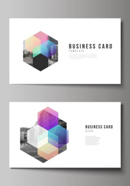 İki yaratıcı kartvizit tasarım şablonu vektör düzeni, renkli altıgenli yatay şablon tasarımı, teknik arkaplan için geometrik şekiller