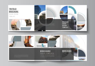 Kare tasarımı üç katlı broşür, broşür, broşür, kapak tasarımı, kitap ve broşür kapakları için tasarım şablonlarını kapsar. Soyut daire şeklinde pankartlarla donatılmış bir arka plan. Şirket iş konsepti şablonu.