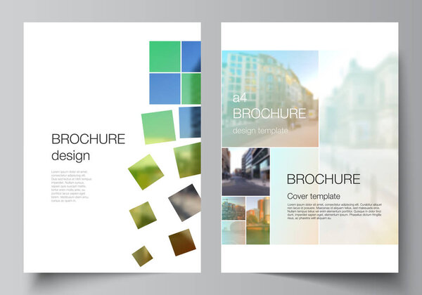 Vector layout of A4 cover mockups design templates for brochure, flyer layout, booklet, cover design, book design, brochure cover. Abstract project with clipping mask green squares for your photo.
