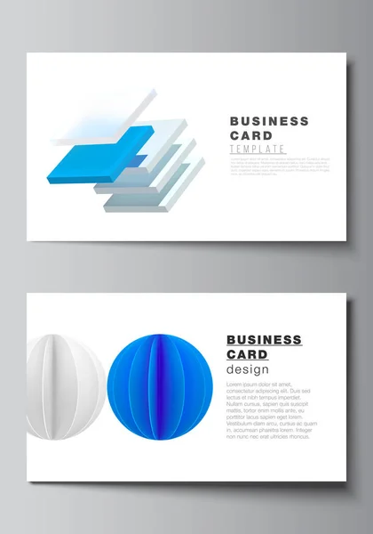 Vector layout of two creative business cards design templates, horizontal template vector design. 3d render vector composition with dynamic realistic geometric blue shapes in motion. — Stock Vector