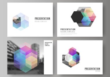 Sunumun vektör düzeni slayt tasarımı iş şablonları, sunum broşürü, broşür kapağı, iş raporu için soyut şekil ve renklerle çok amaçlı şablon.