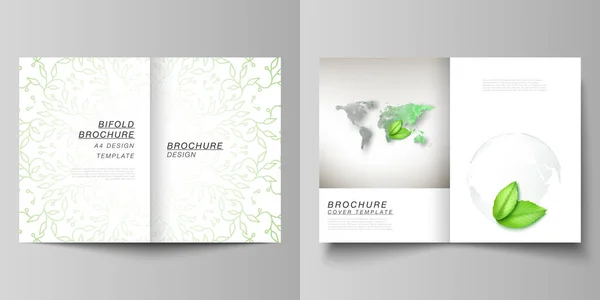 Vector lay-out van twee A4-formaat omslag mockups ontwerp sjablonen voor bifold brochure, flyer, omslag ontwerp, boek ontwerp, brochure cover. Red Aarde planeet concept. Globaal concept voor duurzame ontwikkeling. — Stockvector