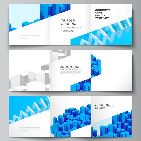 Vector lay-out van vierkante covers ontwerp sjablonen voor driedelige brochure, flyer, tijdschrift, omslag ontwerp, boek ontwerp. 3d renderen vectorsamenstelling met dynamische realistische geometrische blauwe vormen in beweging. — Stockvector