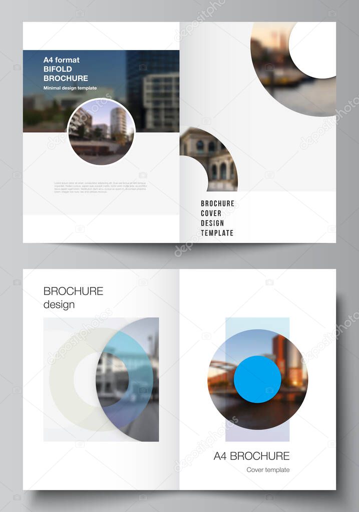 Vector layout of two A4 cover mockups templates for bifold brochure, flyer, magazine, cover design, book design. Background template with rounds, circles for IT, technology. Minimal style.