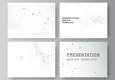 Sunum slaytlarının vektör düzeni iş şablonları tasarım, sunum broşürü şürü şablonu, broşür kapağı, rapor. Gri teknoloji arka planı, noktaları ve çizgileri birleştiriyor. Ağ konsepti.