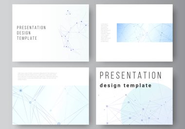 Sunum slaytlarının vektör düzeni iş şablonları tasarım, sunum broşürü için çok amaçlı şablon, broşür kapağı, rapor. Birbirine bağlı çizgiler ve noktalar olan mavi tıbbi geçmiş, pleksus.