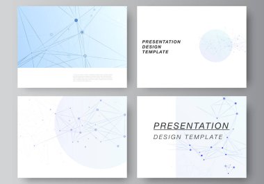 Sunum slaytlarının vektör düzeni iş şablonları tasarım, sunum broşürü için çok amaçlı şablon, broşür kapağı, rapor. Birbirine bağlı çizgiler ve noktalar olan mavi tıbbi geçmiş, pleksus.