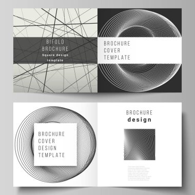 Kare tasarım broşürü, dergi, broşür, broşür, broşür ve broşür için iki kapağın vektör düzeni. Geometrik soyut arkaplan, minimalist tasarım için fütürist bilim ve teknoloji kavramı.
