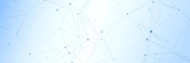 Mavi renkli tıbbi arka plan, geometrik bağlayıcı çizgiler, noktalar, pleksus, moleküller. Teknoloji, Network konsepti yatay afiş. Vektör paneli tasarımı.