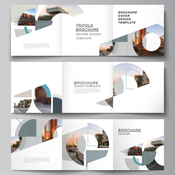 Vector layout of square covers design templates for trifold brochure, flyer, cover design, book, brochure cover. Background with abstract circle round banners. Corporate business concept template.