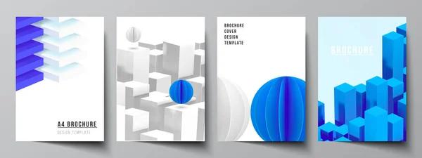 Vektor-Layout von A4-Cover-Attrappen für Broschüren, Flyer-Layout, Booklet, Cover-Design, Buchdesign. 3D-Rendervektorkomposition mit dynamisch realistischen geometrischen blauen Formen in Bewegung. — Stockvektor