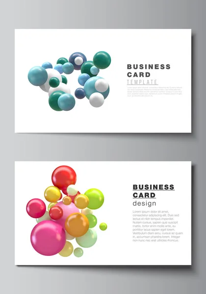 Vector lay-out van twee creatieve visitekaartjes ontwerp sjablonen, horizontale template vector ontwerp. Abstract futuristische achtergrond met kleurrijke 3d bollen, glanzende bellen, ballen. — Stockvector