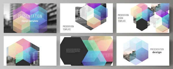 Layout vettoriale delle diapositive di presentazione design modelli aziendali, modello multiuso con esagoni colorati, forme geometriche, sfondo tecnico per brochure di presentazione, copertina della brochure, report. — Vettoriale Stock