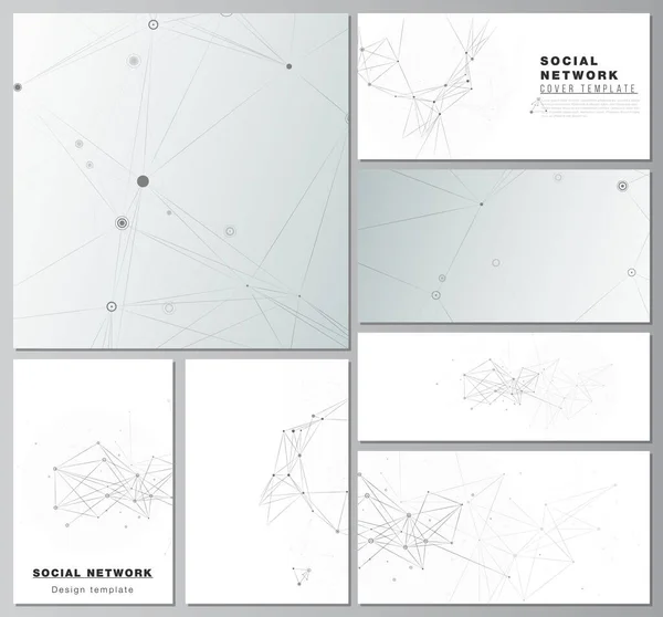 Vector layouts of social network mockups for cover design, website design, website backgrounds or advertising mockups. Gray technology background with connecting lines and dots. Network concept. — Stock Vector