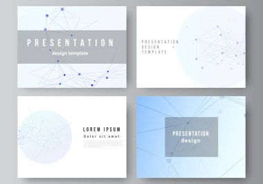 Sunum slaytlarının vektör düzeni iş şablonları tasarım, sunum broşürü için çok amaçlı şablon, broşür kapağı, rapor. Birbirine bağlı çizgiler ve noktalar olan mavi tıbbi geçmiş, pleksus.