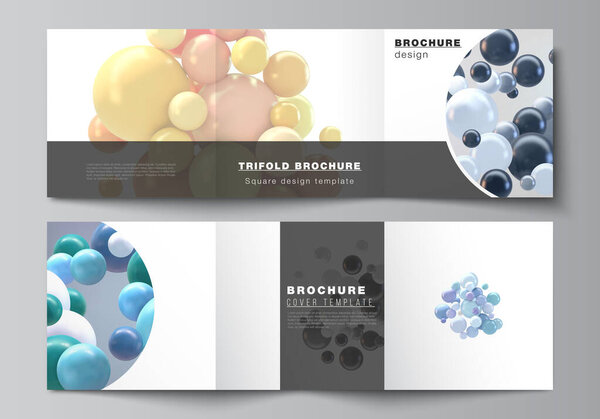 Vector layout of square format covers templates for trifold brochure, flyer, magazine, cover design, book design. Abstract realistic vector background with multicolored 3d spheres, bubbles, balls.