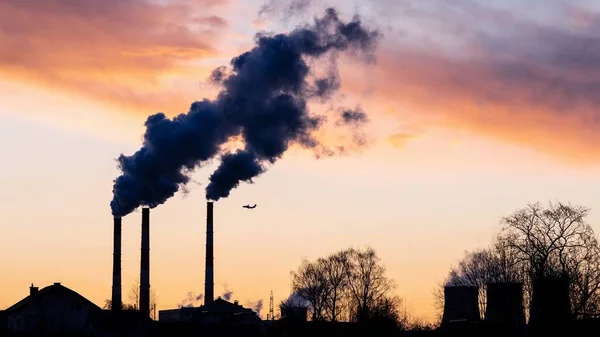 Smoke Pipes Thermal Power Plant Sky Sunset Industrial Landscape Allegory — Stock Photo, Image