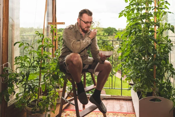 Gardener Works Mini Garden Balcony Man Gardening City Apartment — Stock Photo, Image