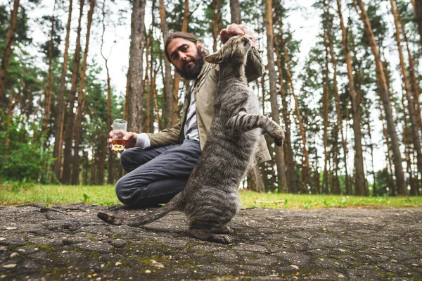 Man Plays Gray Tabby Cat Cat Performs Trick — Stock Photo, Image