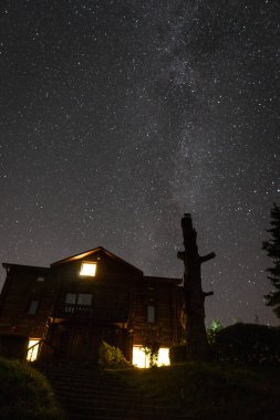 Gece dramatik manzarası. Gökyüzü ve Samanyolu 'nun arka planında kır evi ve ağaçlar var.