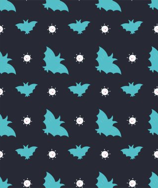 Virüslü desen ve yarasa İskandinav tarzında. Kusursuz bir arka plan çizilmiş eşsiz bir el. Modern vektör illüstrasyonu.