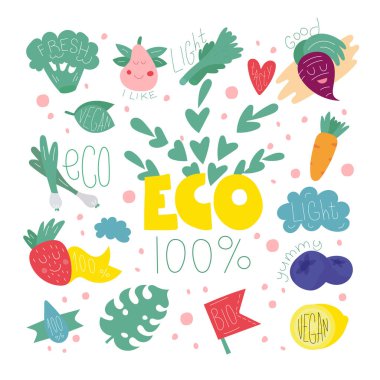 Sağlıklı beslenmenin sembolleri. Bitki dallarıyla yüzde yüz eko. Modern vektör illüstrasyonu.