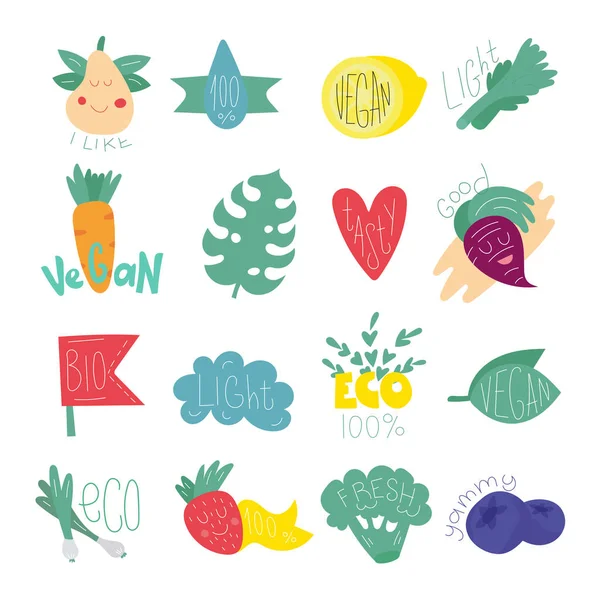 Set Healthy Proper Nutrition Symbols Scandinavian Style Unique Hand Drawn — Stock Vector