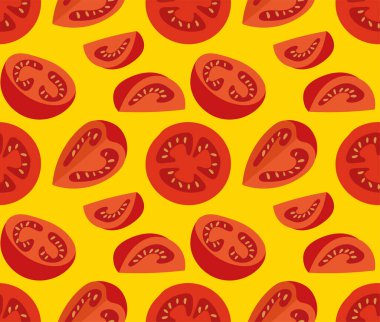 Kırmızı domatesler. Sebze salatası. Baskı tasarımı, kartvizitler, posterler, el ilanları, web, afişler, kurumsal kimlik oluşturmak için modern sarı pürüzsüz desen.