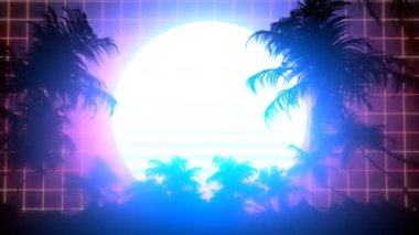 Retro-fütüristik 80s synthwave güneş ve palmiye ağaçları kılavuz arka plan. Mükemmel sorunsuz ilmekledi açacağı animasyon.