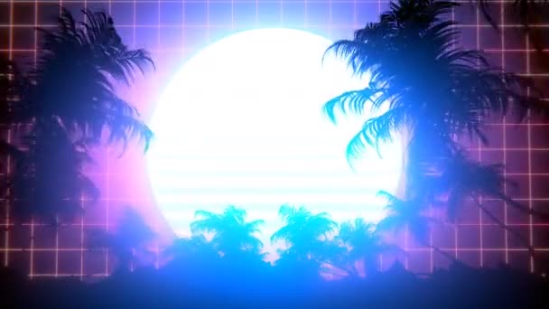 Retro Fütüristik 80S Synthwave Güneş Palmiye Ağaçları Kılavuz Arka Plan — Stok video