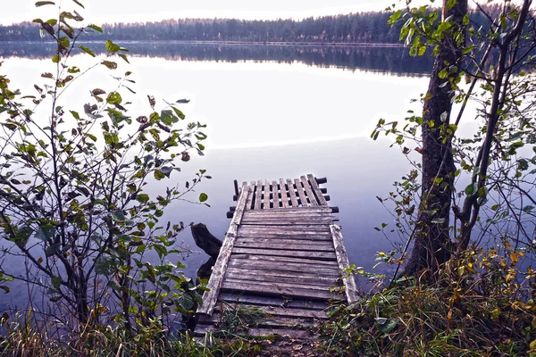 Landschaft mit Holzsteg mit Blick auf den Waldsee. — Stockfoto