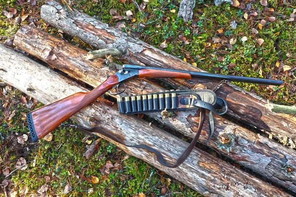 Pistola y bandolera con balas del cazador . — Foto de Stock