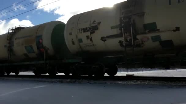 Railway Train Tanker Carries Oil Gas Winter Forest Track Transportation — Stock Video