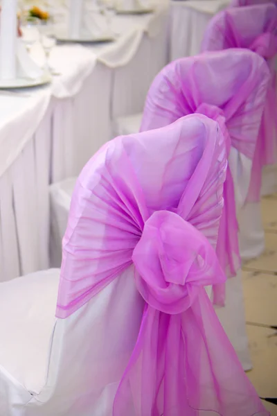 Wedding chairs with pink bows, — Stock Photo, Image