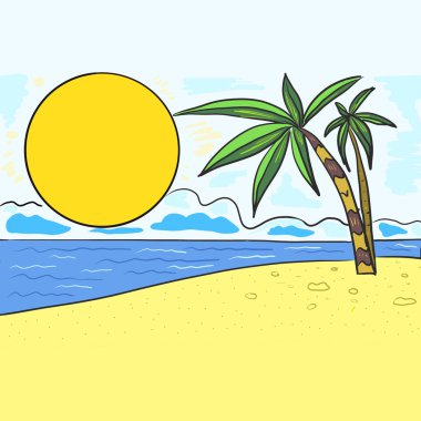 Palmiye ağaçları ve güneş ile deniz kıyısı.