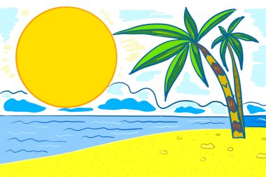 Palmiye ağaçları ve güneş ile deniz kıyısı.