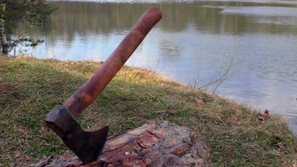 観光キャンプ場で斧を持つシーン 北ヨーロッパの野生の自然にキャンプ観光客 — ストック動画