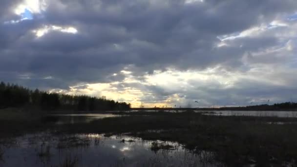 Nuvens Voadoras Sobre Lago São Refletidas Nos Raios Pôr Sol — Vídeo de Stock