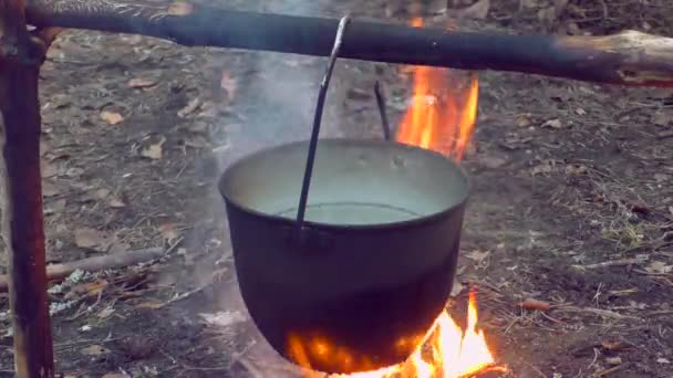 Boiling Water Fire Hike Romance Hiking Nature Cooking Drinking Tourists — Stock Video