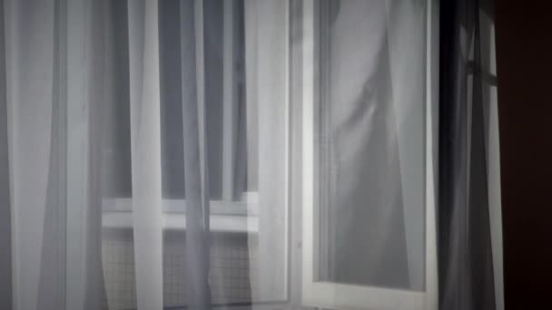 Açık Pencerenin Üzerinde Beyaz Perdeler Var Rüzgarın Arka Planı Kumaştan — Stok video
