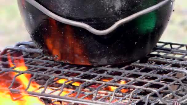 Acqua Bollente Fiamme Escursione Escursioni Romantiche Natura Cucinare Bere Turisti — Video Stock