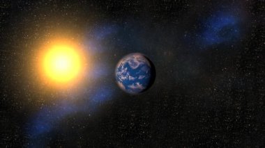 Karanlık galaksideki mavi dünya gezegeni. Evrendeki soyut kürenin uzayı.