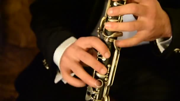 Музыкант Играет Кларнете Музыкальный Инструмент Одной Тростью Музыкальный Инструмент Woodwind — стоковое видео