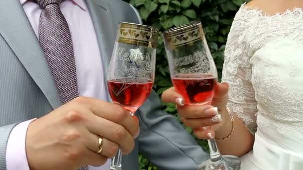 A menyasszony és a vőlegény pezsgővel. Friss házasok koccintanak egy esküvőn. A menyasszony és a vőlegény borospoharakkal a kezükben..