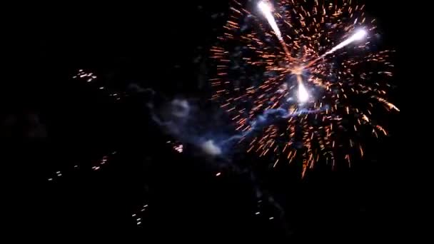 Vuurwerk Aan Nachtelijke Hemel Achtergrond Feestelijke Lichtshow — Stockvideo