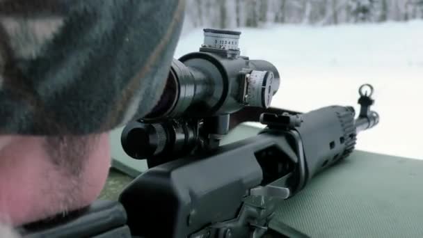 Sniper Shoots Tiger Carbine Winter Shooting Target Front Sight Rifle — Stock Video