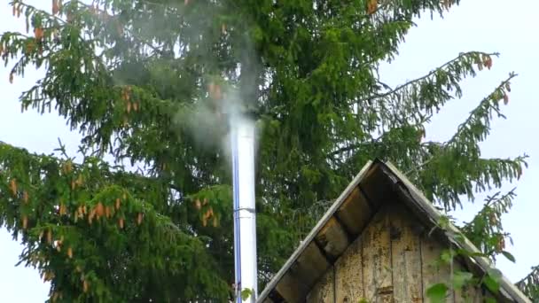 从北方森林房子的烟囱冒出的烟 在寒冷中取暖的冬木小屋 — 图库视频影像