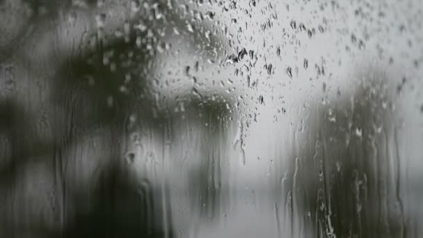 Deszcz Wylewa Się Okno Krople Deszczu Pukają Szklanych Okien Szary — Wideo stockowe